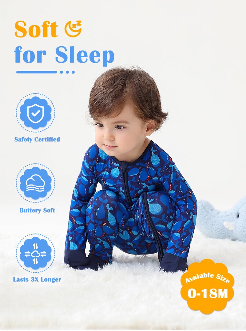 JunNeng Viscose from Bamboo Baby Boy Sleeper with Mitten Cuffs, Footless Soft Zippy Pajamas, Sleep N' Play Romper Navy Blue+Whale 6-12 Months - Image 2