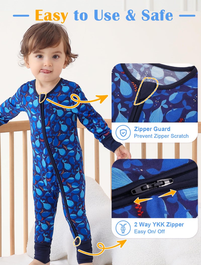 JunNeng Viscose from Bamboo Baby Boy Sleeper with Mitten Cuffs, Footless Soft Zippy Pajamas, Sleep N' Play Romper Navy Blue+Whale 6-12 Months - Image 3
