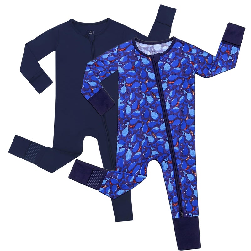 JunNeng Viscose from Bamboo Baby Boy Sleeper with Mitten Cuffs, Footless Soft Zippy Pajamas, Sleep N' Play Romper Navy Blue+Whale 6-12 Months - Image 1