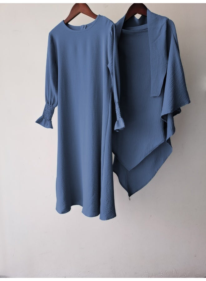 New Fashion Round Neck Ruffled Hem Solid Color Wave Pattern Dress