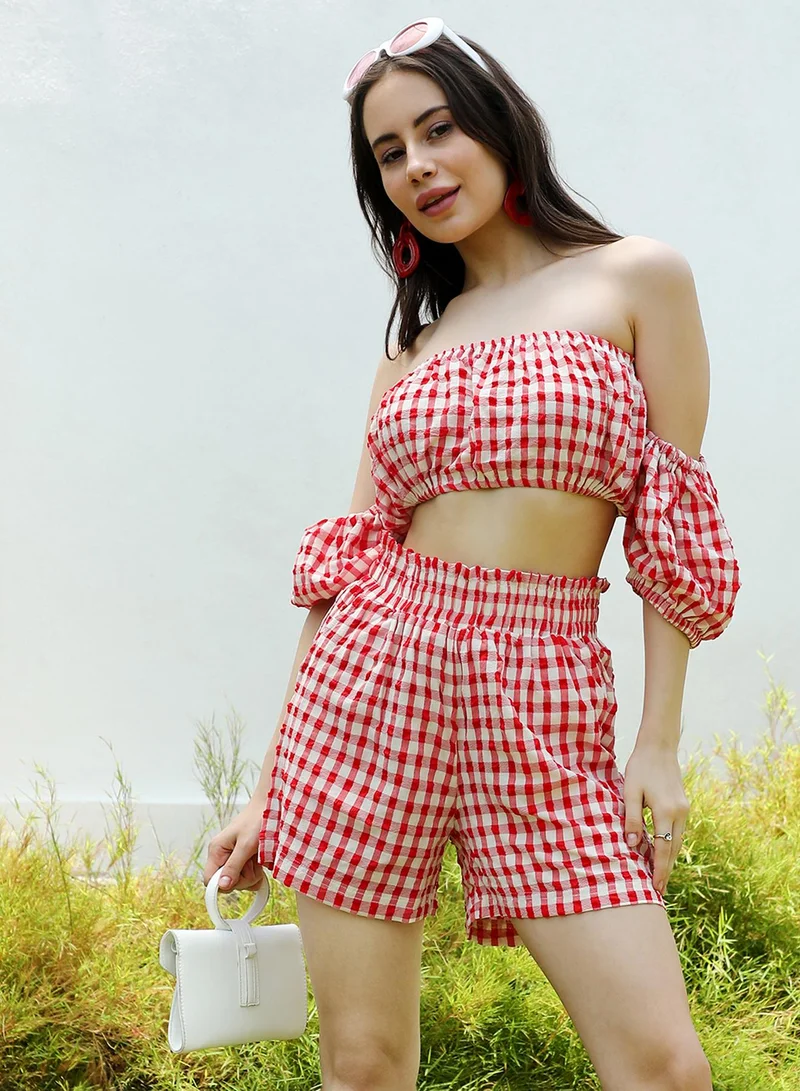 PINACOLADA Women's Scarlet Red Gingham Co-Ord Set For Casual Wear | Off-Shoulder | Short Sleeve | Pull On Closure | Co-Ords Designed With Comfort Fit For Woman & Girls