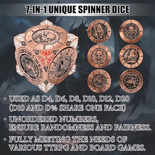 Froggod Roulette Dice Spinner 7in1 Metal DND Dice Set with 3D Relief Mechanical DND Spinner for Dungeons and Dragons Gifts DM PlayersAncient Gold - Image 5