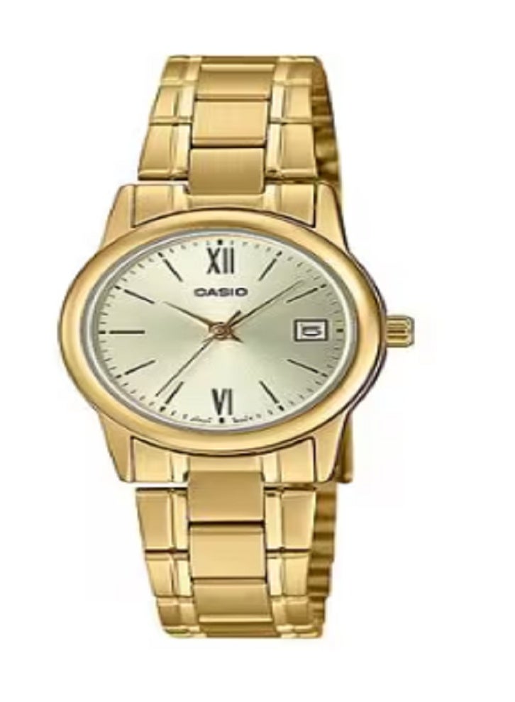 Casio Women's Elegant Gold-Tone Stainless Steel Analog Quartz Wrist Watch with Date Display, Roman Numerals, Slim Bracelet Design – Classic Formal & Daily Wear Timepiece