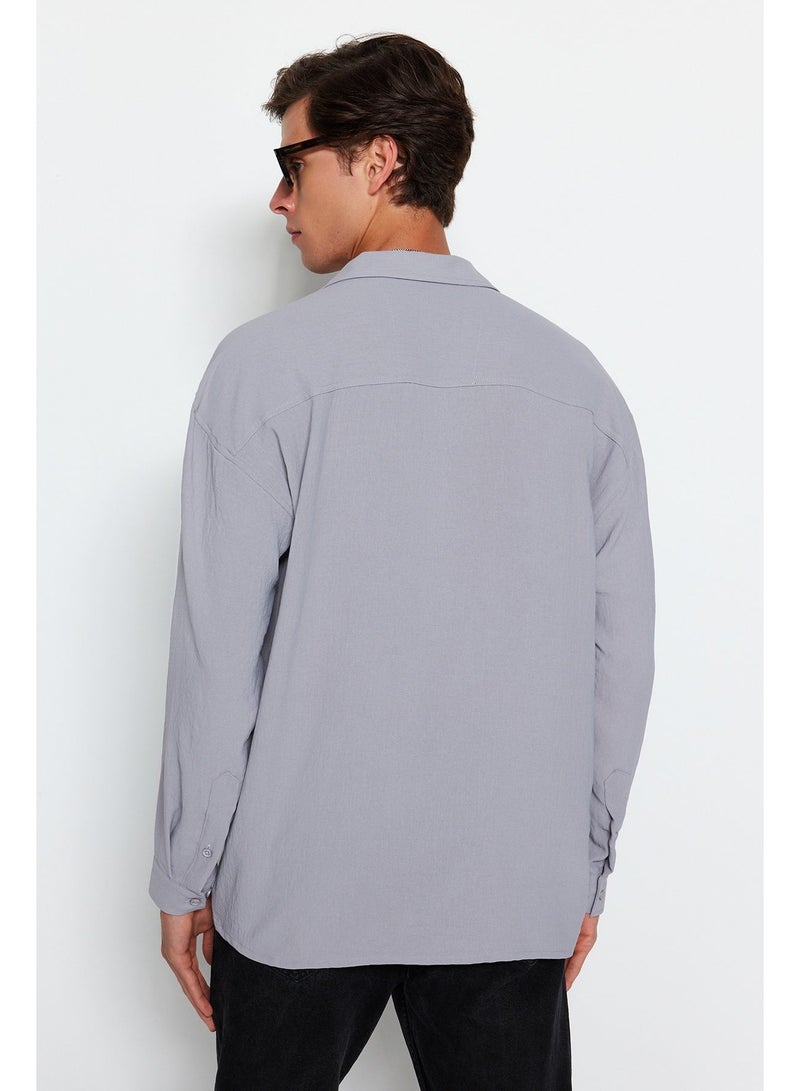 trendyol Light Grey Oversize Fit Open Collar Summer Linen Look Shirt TMNSS23GO00053.  - Image 3