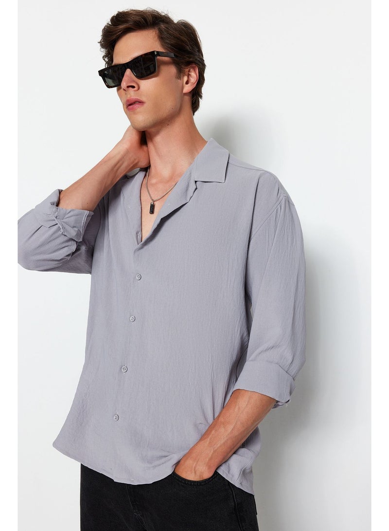 trendyol Light Grey Oversize Fit Open Collar Summer Linen Look Shirt TMNSS23GO00053.  - Image 4