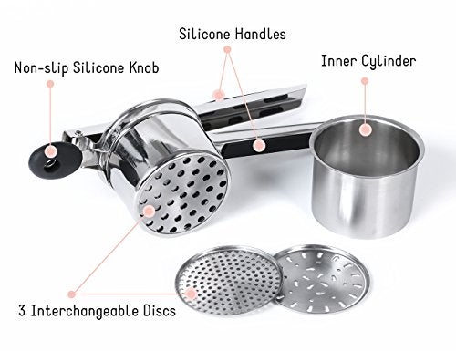 Rorence Stainless Steel Potato Ricer with 3 Interchangeable Discs & Inner Cup & Silicone Grip Handles - Black - Image 2