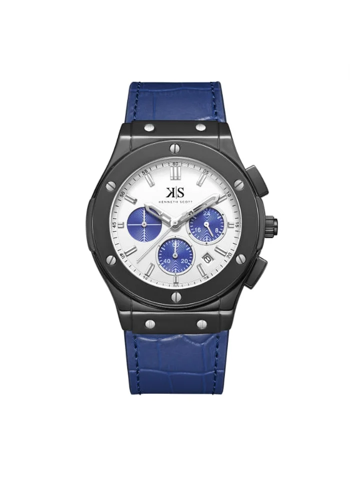 KENNETH SCOTT Kenneth Scott K24115-BLNW Men's Multi Function Display Watch & Leather Strap Blue