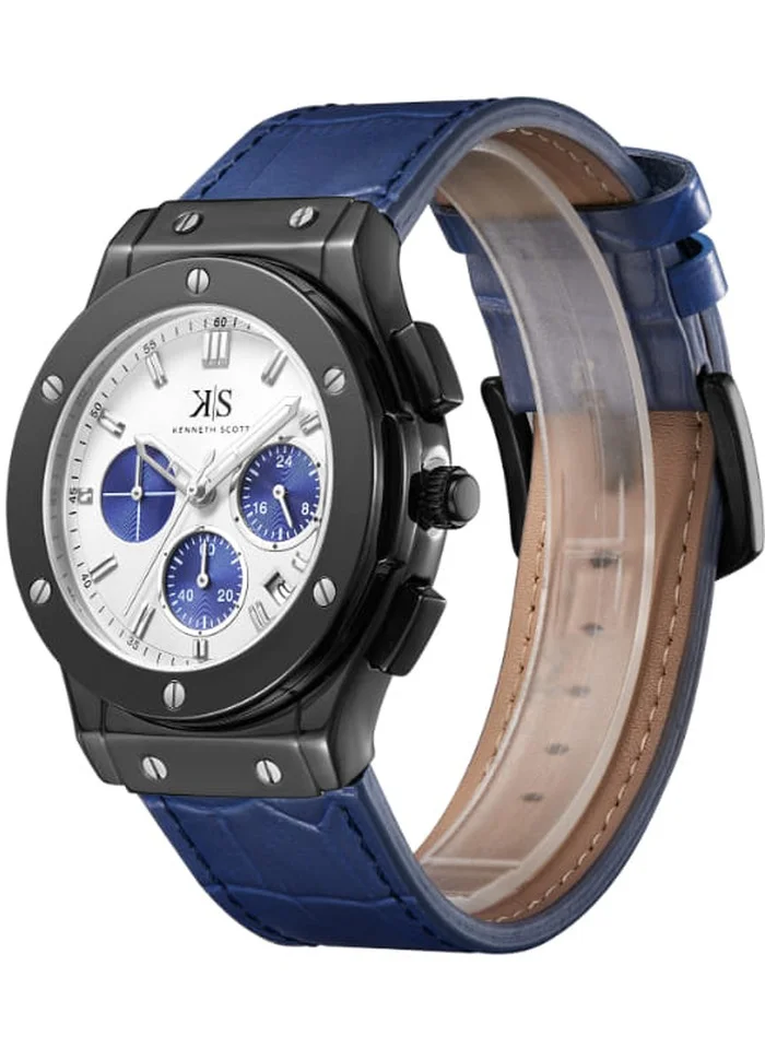 KENNETH SCOTT Kenneth Scott K24115-BLNW Men's Multi Function Display Watch & Leather Strap Blue