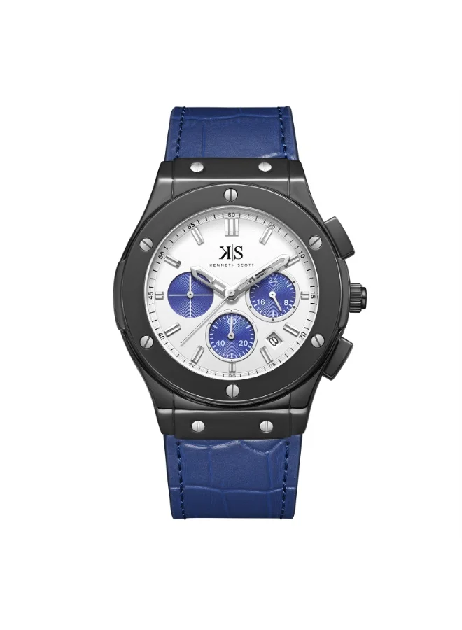 KENNETH SCOTT Kenneth Scott K24115-BLNW Men's Multi Function Display Watch & Leather Strap Blue