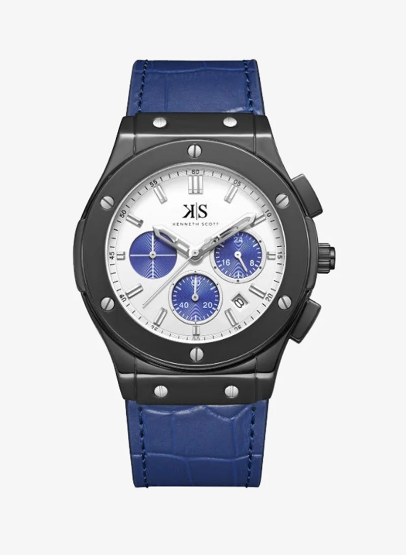 KENNETH SCOTT Kenneth Scott K24115-BLNW Men's Multi Function Display Watch & Leather Strap Blue