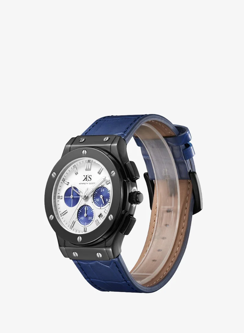 KENNETH SCOTT Kenneth Scott K24115-BLNW Men's Multi Function Display Watch & Leather Strap Blue