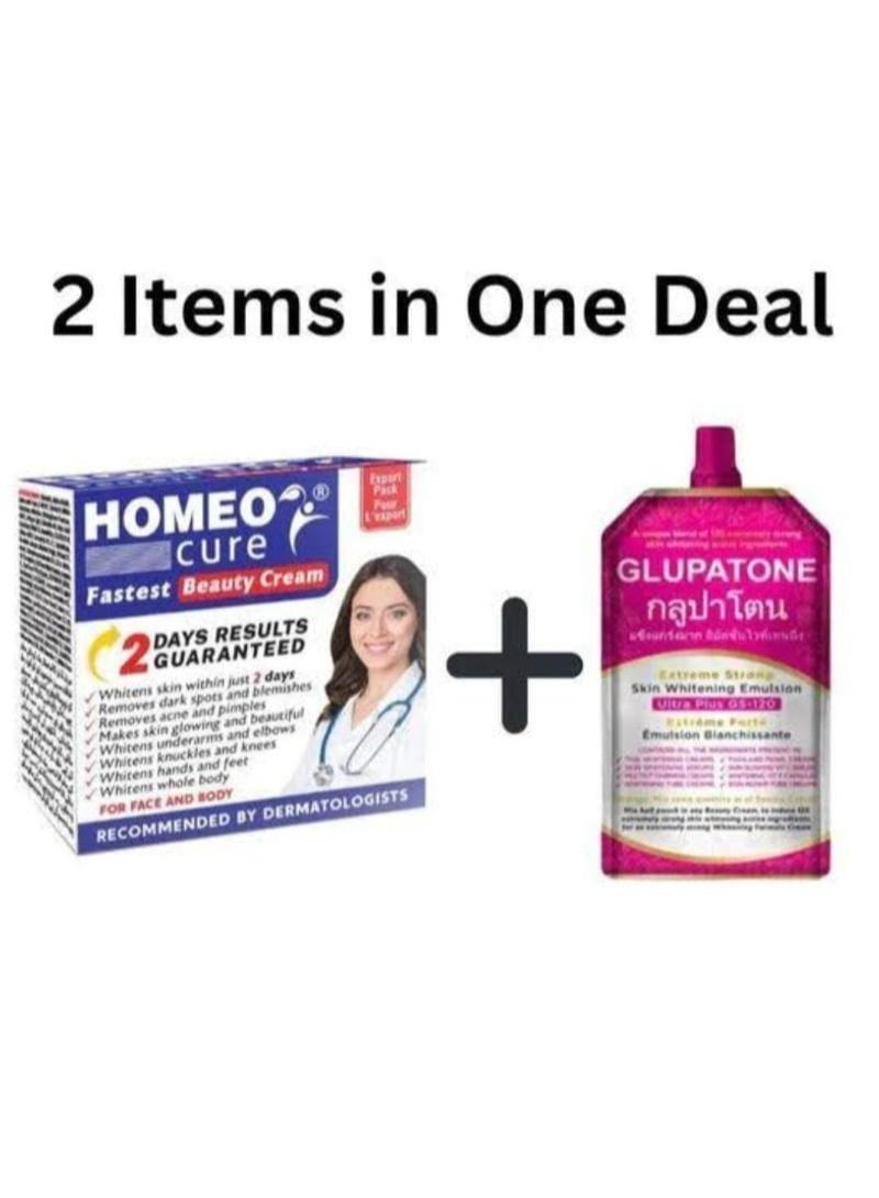 GLUPATONE Extreme Strong Whitening Emulsion Ultra Plus GS-120 For Face & Body 50ml and Homeocure Beauty Cream 30g, Combo Offer - Image 1