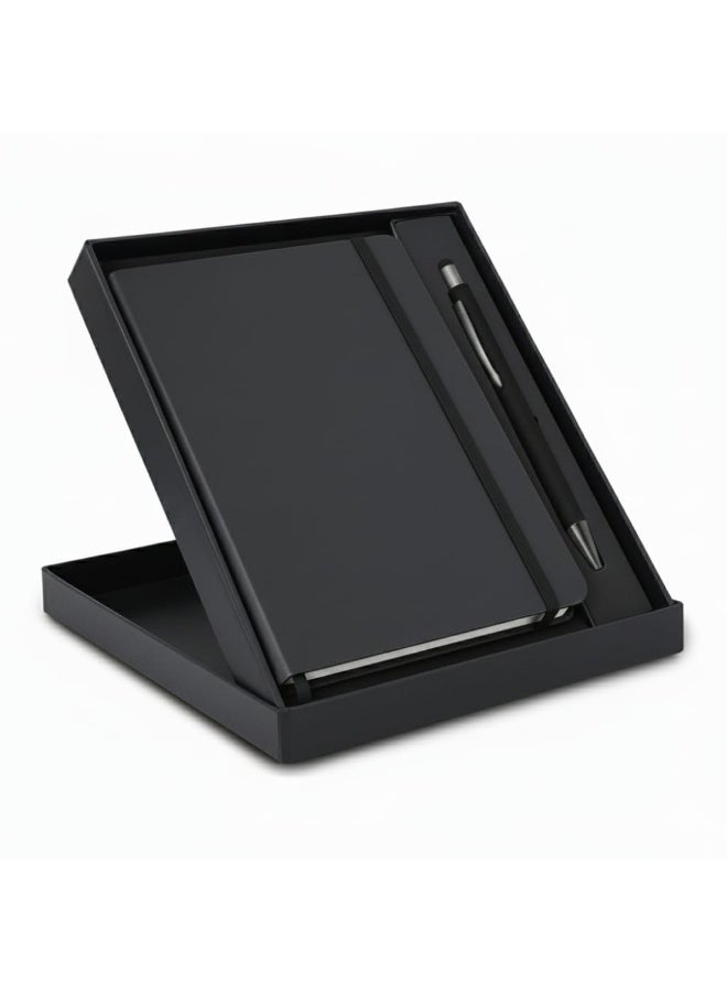 Lined notebook with a soft-touch hard cover and a stylish pen; suitable as a gift; black color. - Image 1