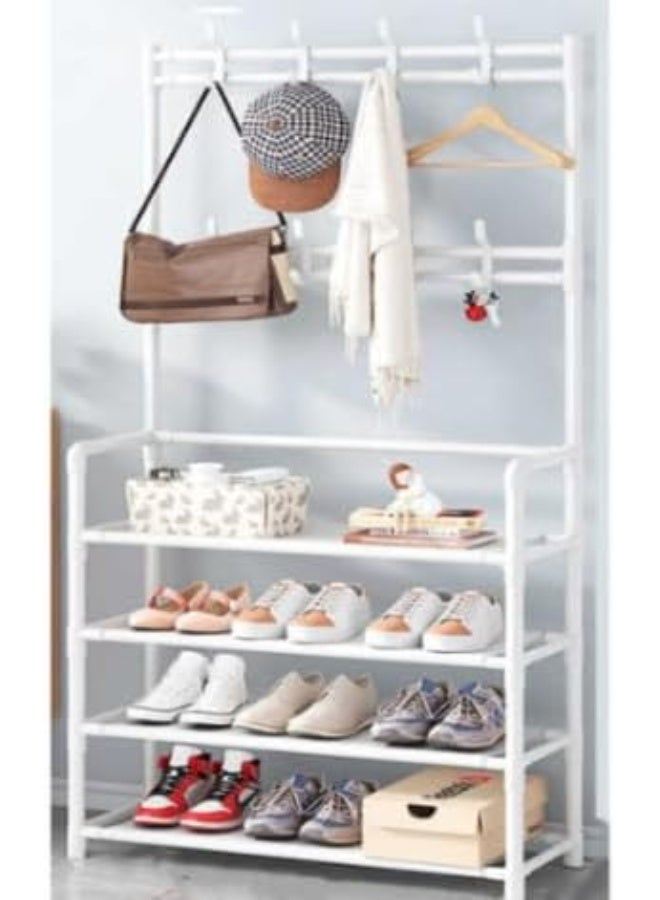 ديكور هيلز رف أحذية ورف ملابس من ديكور هيلز بأربع طبقات مع 8 خطافات، منظم شجرة القاعة 3 في 1، حامل معطف وقبعة ومظلة، أرفف تخزين للمدخل، الرواق، غرفة النوم - أبيض - Image 1