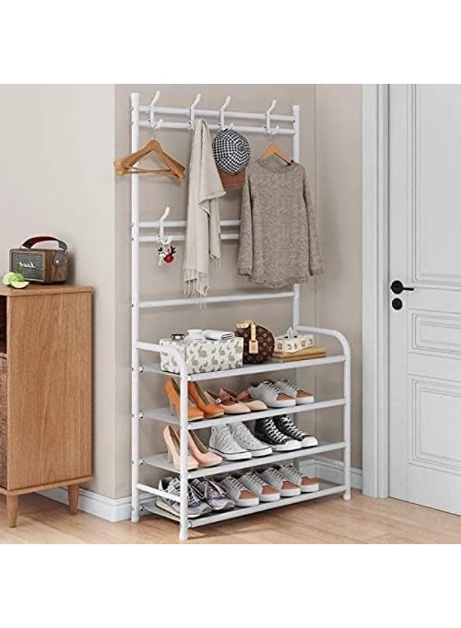 ديكور هيلز رف أحذية ورف ملابس من ديكور هيلز بأربع طبقات مع 8 خطافات، منظم شجرة القاعة 3 في 1، حامل معطف وقبعة ومظلة، أرفف تخزين للمدخل، الرواق، غرفة النوم - أبيض - Image 3
