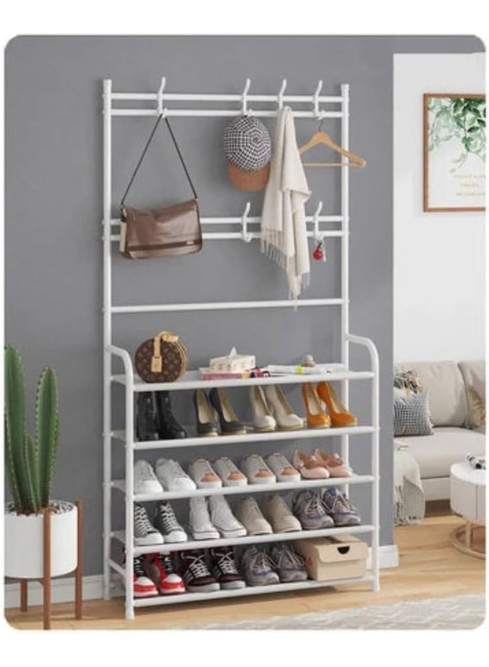 ديكور هيلز رف أحذية ورف ملابس من ديكور هيلز بأربع طبقات مع 8 خطافات، منظم شجرة القاعة 3 في 1، حامل معطف وقبعة ومظلة، أرفف تخزين للمدخل، الرواق، غرفة النوم - أبيض - Image 5