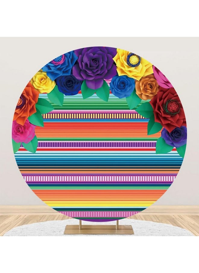 AOFOTO 6.5X6.5Ft Mexican Fiesta Theme Round Backdrop Colorful Stripes Paper Flower Cinco De Mayo Carnival Mexican Festival Party Decor Photography Background Photo Studio Booth Props Supplies  - Image 3