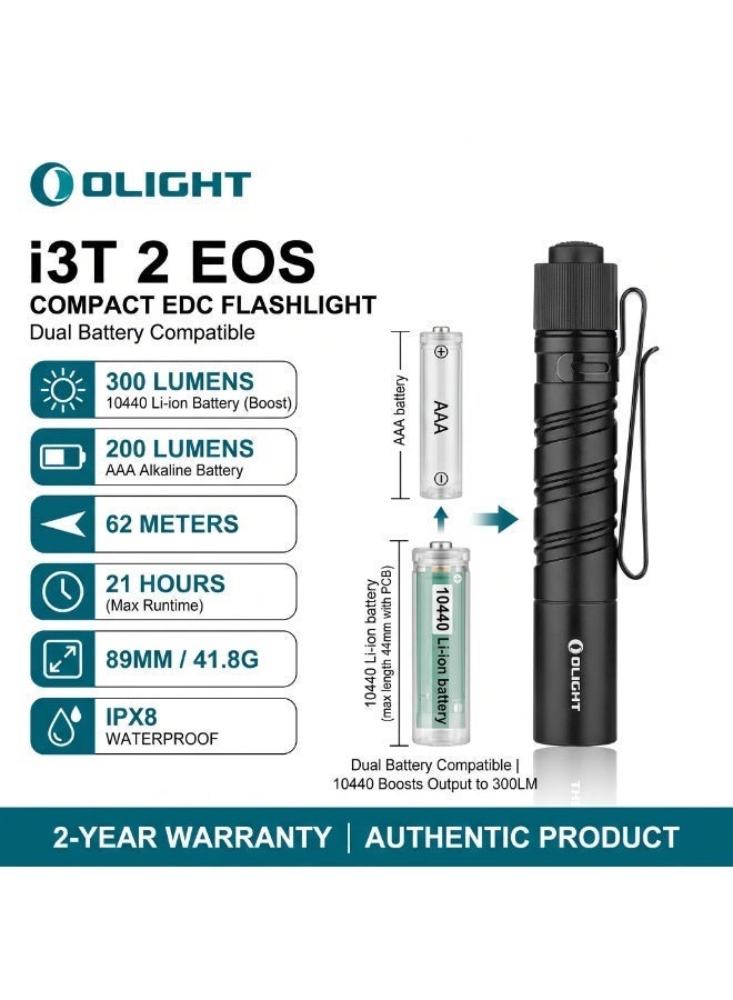 Olight I3T 2 EOS (Black), 200 Lumens EDC Flashlight, 62m Beam LED Light, Small Aluminum Alloy Torch for Everyday Carry, Gift, Outdoor - Image 1