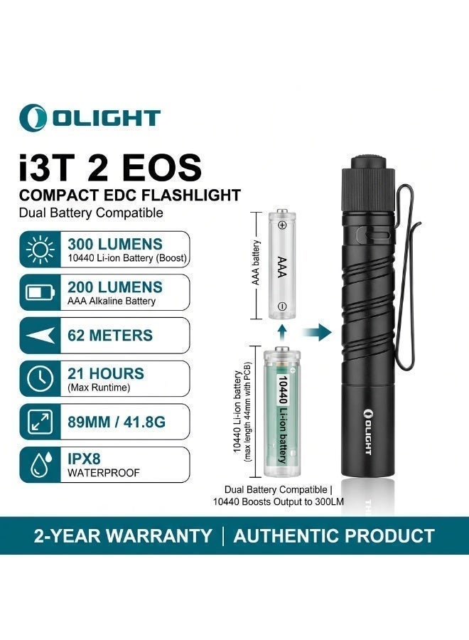 Olight I3T 2 EOS (Black), 200 Lumens EDC Flashlight, 62m Beam LED Light, Small Aluminum Alloy Torch for Everyday Carry, Gift, Outdoor - Image 1