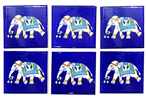 Shiv Kripa Blue Pottery Home Decor Interior Exterior Crafted Tabletop Flooring Wall Kitchen Washroom Elephant Painted Tile (Blue, 4 * 4 Inch) - Pack of 6 - Image 5