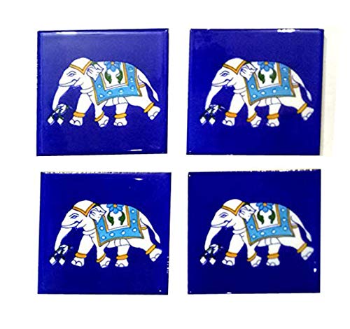 Shiv Kripa Blue Pottery Home Decor Interior Exterior Crafted Tabletop Flooring Wall Kitchen Washroom Elephant Painted Tile (Blue, 4 * 4 Inch) - Pack of 6 - Image 3