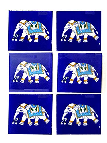 Shiv Kripa Blue Pottery Home Decor Interior Exterior Crafted Tabletop Flooring Wall Kitchen Washroom Elephant Painted Tile (Blue, 4 * 4 Inch) - Pack of 6 - Image 4