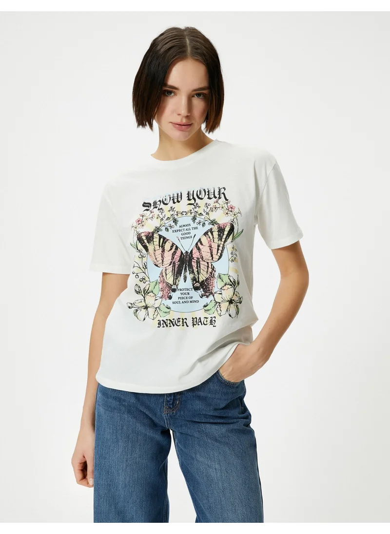 KOTON Cotton Printed T-Shirt Short Sleeve Crew Neck
