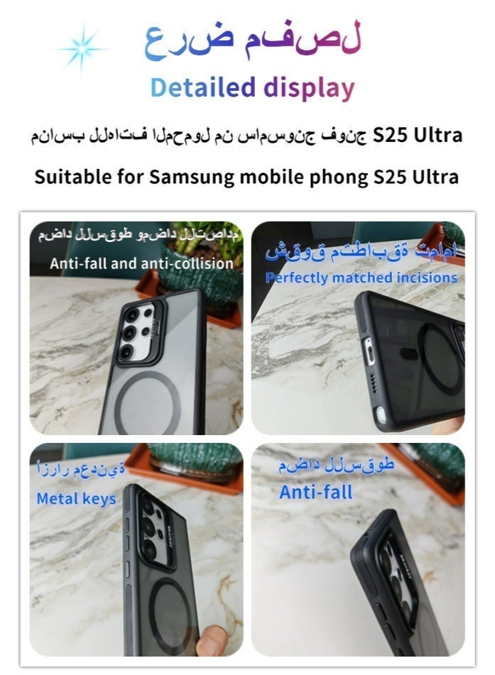 Compatible for Samsung S25 Ultra Case with Lens Stand | Magnetic Wireless Charging | Flexible Silicone Frame - Anti-Slip & Shockproof | Amber Translucent Back Panel - Resists Yellowing - Image 4