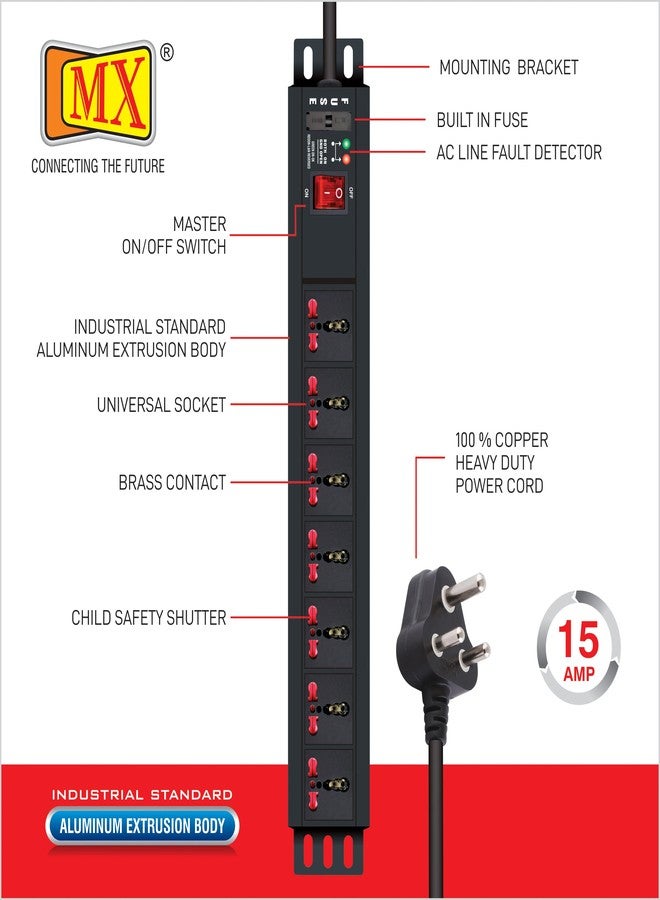 MX 7-Socket Universal Extension Board | Child Safety Shutters, 1.5 m Heavy-Duty Cord, Wall/Desk Mount, Aluminum Body Power Strip PDU - Image 3