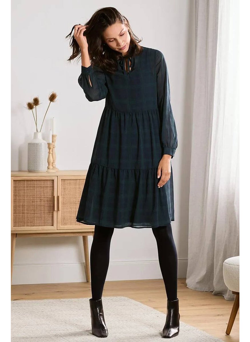 Tchibo Women Checkered Midi Casual Dress, Green and Navy Blue  - Image 1
