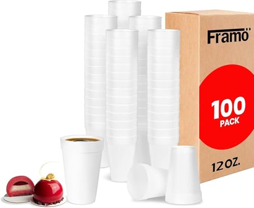 FRAMO 12 Oz Foam Cups 100 Pack Lightweight Insulated Foam Cups for Coffee Cold Drinks  Other Hot Beverages  Disposable Drinking Cups for Parties Picnic BBQ Travel  Events 100 Pack