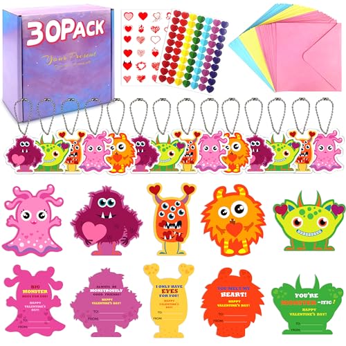 algpty Valentines Cards for Kids 30 Pack Monster Valentines Day Cards with Cute Monster Pendant Gifts Envelopes Exchange Gifts for School Classroom - Image 1