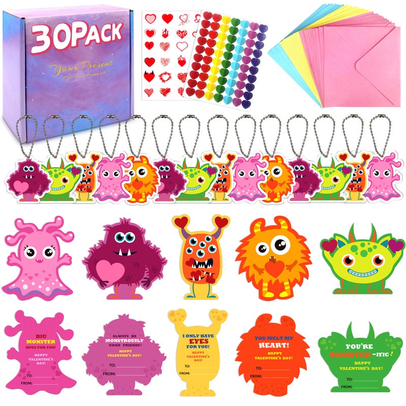 algpty Valentines Cards for Kids 30 Pack Monster Valentines Day Cards with Cute Monster Pendant Gifts Envelopes Exchange Gifts for School Classroom - Image 2