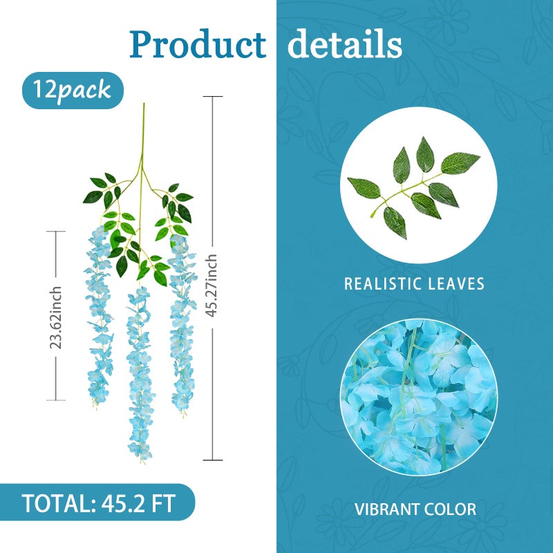 Luerbi 12 Pack Lake Blue Wisteria Hanging Flowers Garland  3.77 Feet Lake Blue Artificial Wisteria Flower Vines  Fake Lake Blue Wisteria  Lake Blue Flower Vines for Backdrop  Hanging Flower Garland Decor - Image 3