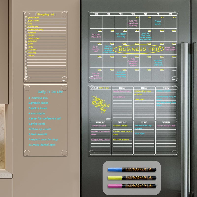 JJPRO Non Magnetic Dry Erase Calendar for Fridge-Reusable Monthly&Weekly Planning Board, List and Blank Board for All Smooth Surfaces. Clear Reusable Board Sticks to Fridge,Wall,Door&Glass - Image 1