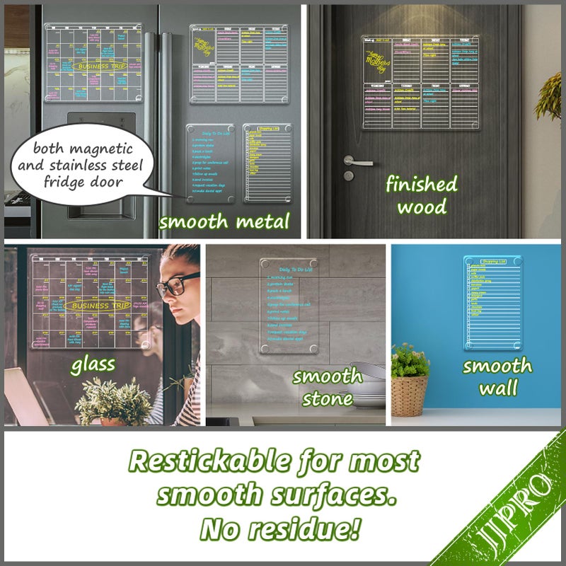 JJPRO Non Magnetic Dry Erase Calendar for Fridge-Reusable Monthly&Weekly Planning Board, List and Blank Board for All Smooth Surfaces. Clear Reusable Board Sticks to Fridge,Wall,Door&Glass - Image 2