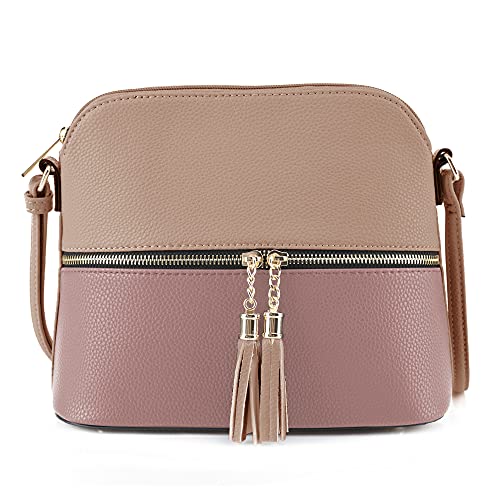SG SUGU Lunar Lightweight Medium Dome Crossbody Bag Shoulder Bag with Double Tassels | Zipper Pocket | Adjustable Strap|Beige/Mauve - Image 1