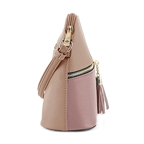 SG SUGU Lunar Lightweight Medium Dome Crossbody Bag Shoulder Bag with Double Tassels | Zipper Pocket | Adjustable Strap|Beige/Mauve - Image 3