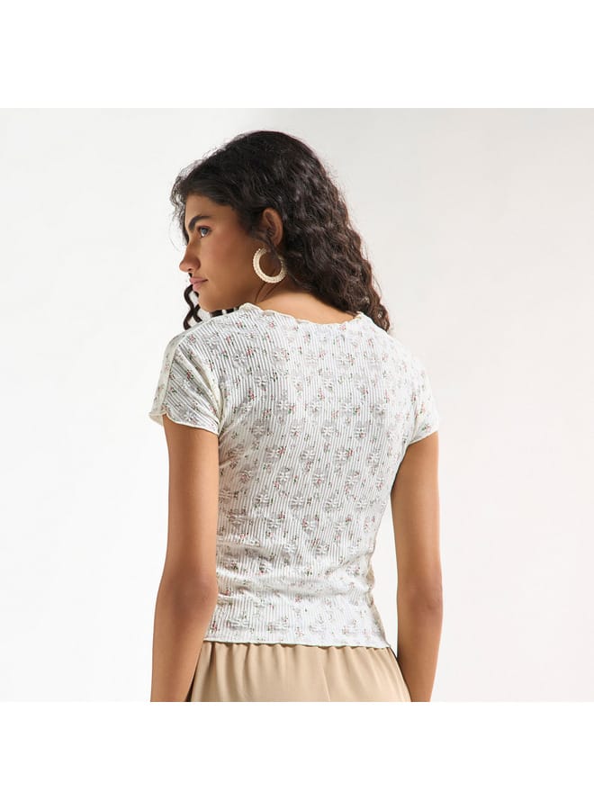 Splash FAV All-Over Floral Detail Crew Neck T-shirt with Short Sleeves  - Image 3