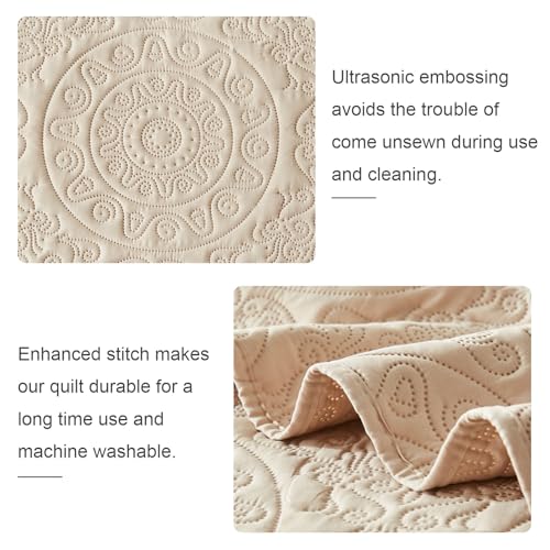 WURUIBO Beige Quilt Set King/Cal King Size, Embossing Microfiber Bedspreads with Pillow Sham, Ligthweight Breathable Thin Coverlet, Reversible Bedding Set for All Season (1 Quilt, 2 Pillow Shams) - Image 5
