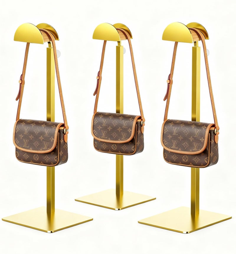 TIPSYTREE 3 Pack Purse Display Stand, Adjustable Height 14.27"â€“24" Handbag Stand Stainless Steel with Wood Hook for Closet, Vanity & Retail Display â€“ Gold - Image 1