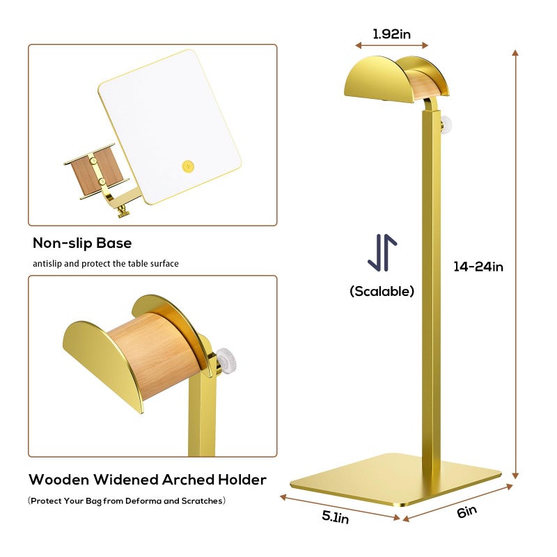TIPSYTREE 3 Pack Purse Display Stand, Adjustable Height 14.27"â€“24" Handbag Stand Stainless Steel with Wood Hook for Closet, Vanity & Retail Display â€“ Gold - Image 2