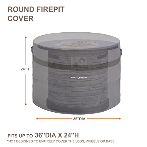 PATIOASIS Grey Round Fire Pit Cover Outoor 36 inch Dia Waterproof Patio Deck Propane Fire Bowl Cover 600D Heavy Duty All Weather Resistant - Image 3