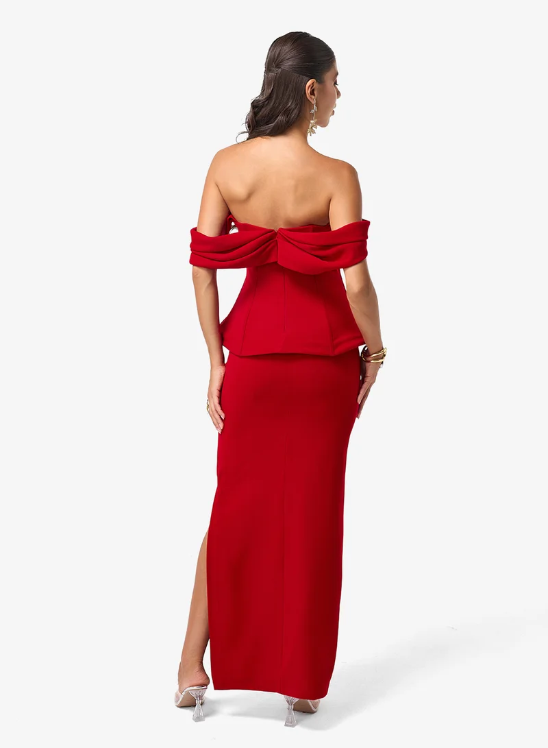 Threadz by Ajooni Off Shoulder Peplum Slit Maxi Dress