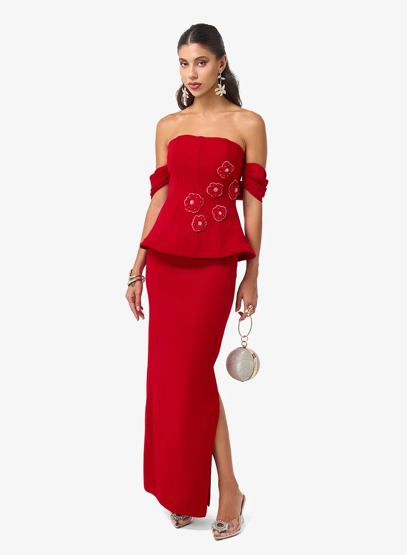 Threadz by Ajooni Off Shoulder Peplum Slit Maxi Dress
