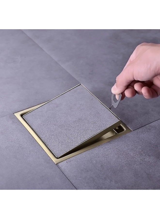 TRUSTMI 6 Inch Square Invisible Bathroom Shower Floor Drain with Removable Tile Insert Grate Cover, Brushed Gold, SUS 304 Stainless Steel - Image 4