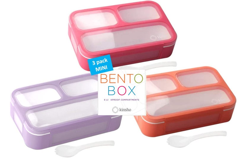 kinsho MINI LunchBox Snack Containers for Kids SMALL BentoBox Portion Container Toddler PreSchool Leakproof Boxes for Work Travel Best for Adults Boys Girls Pink Purple Coral 3 pack