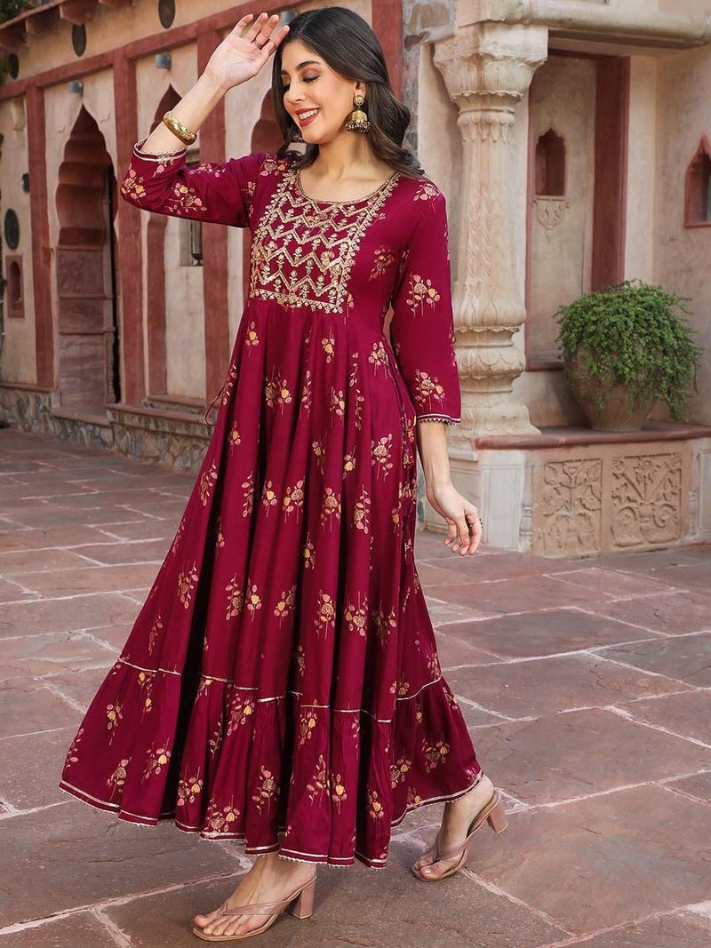 LAVANDIS Women's Anarkali Long Gown Kurti with Gold Print & Embroidery - Ethnic Flared Dress for Girls Casual Wear - Image 5