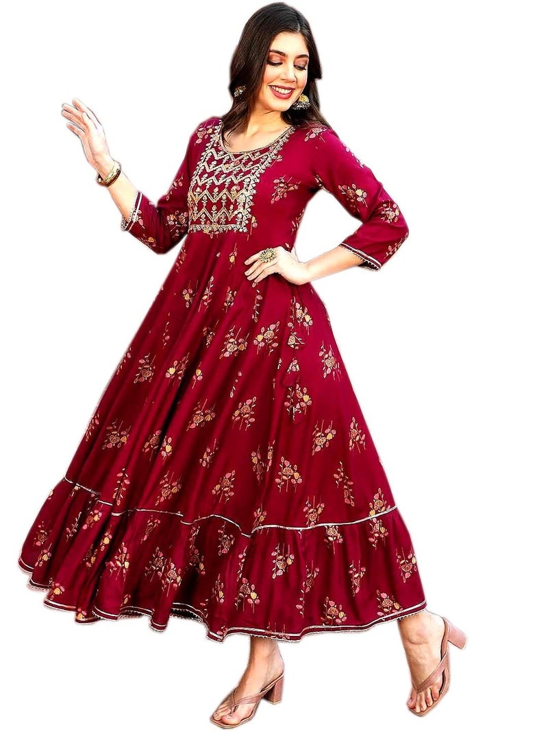 LAVANDIS Women's Anarkali Long Gown Kurti with Gold Print & Embroidery - Ethnic Flared Dress for Girls Casual Wear - Image 1