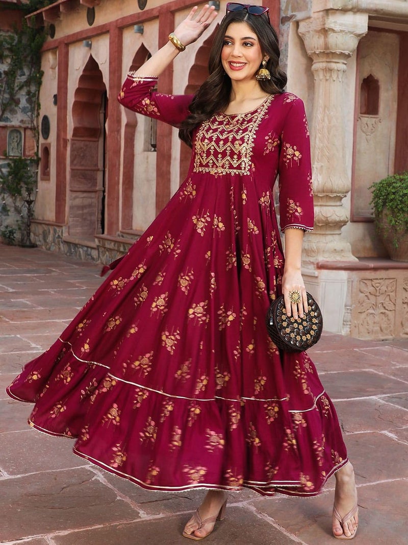 LAVANDIS Women's Anarkali Long Gown Kurti with Gold Print & Embroidery - Ethnic Flared Dress for Girls Casual Wear - Image 3